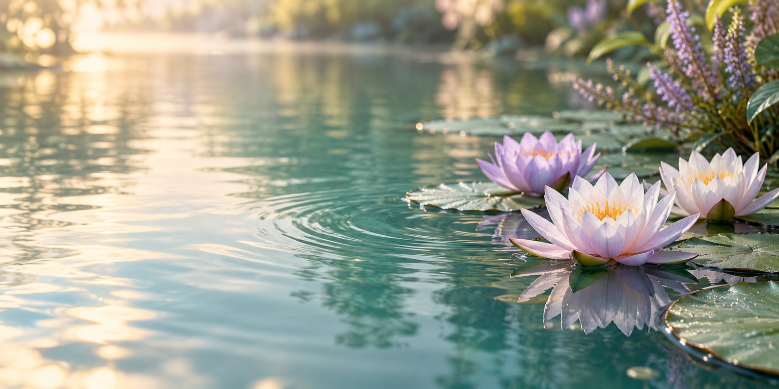 Un fiore di loto sull’acqua, tra luce e riflessi delicati