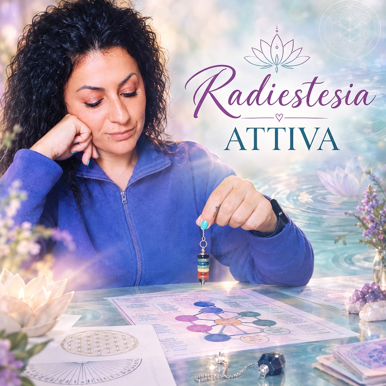 Giada Donina con il pendolo nel suo spazio di Radiestesia Attiva